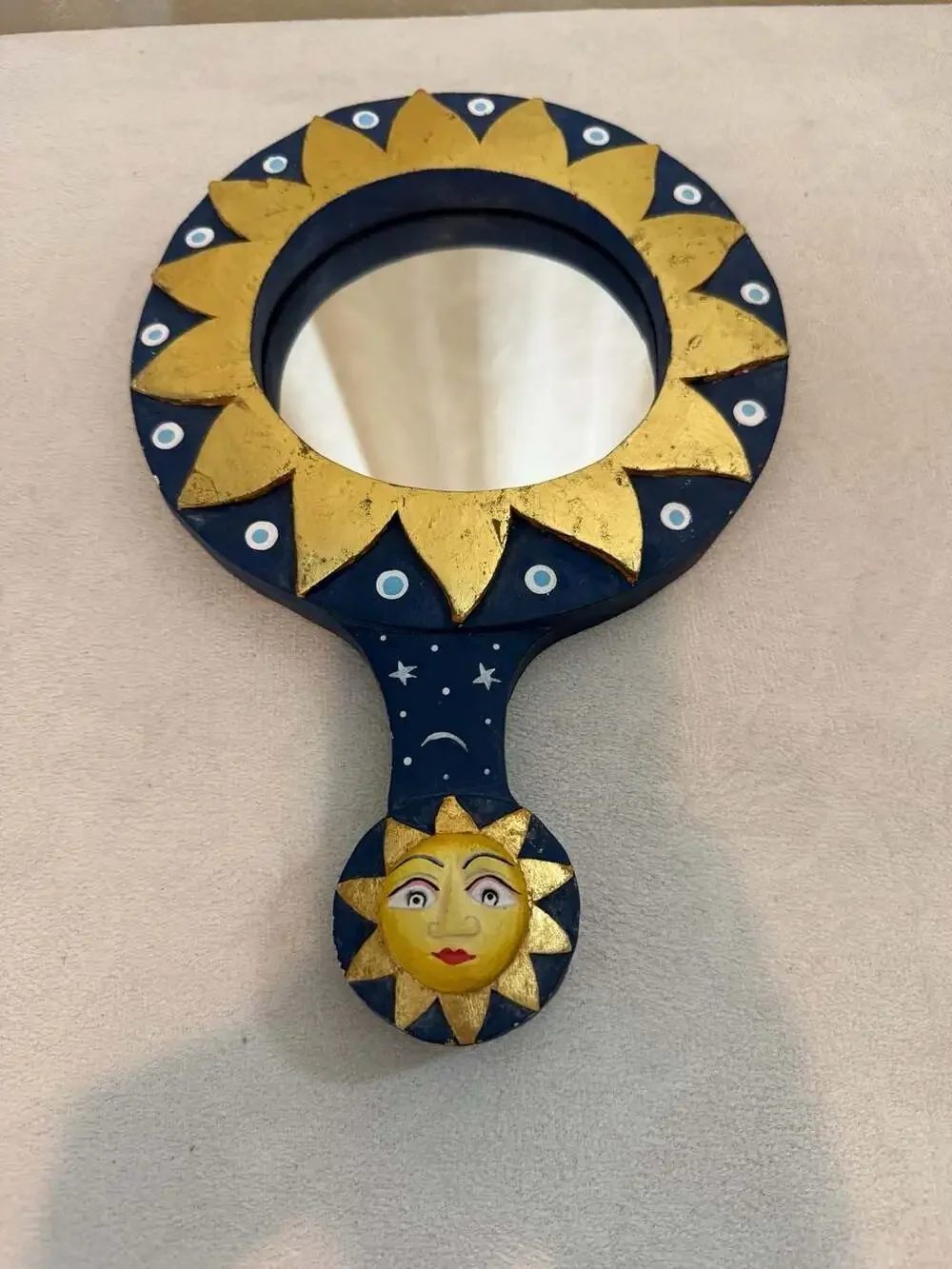 Vintage Hand-Painted Celestial Sun and Moon Wooden Wall/Hand Mirror